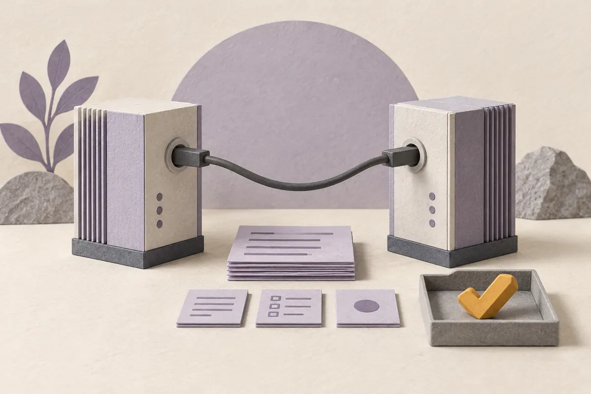 Two connected paper modules, document cards, task tiles, and a check mark illustrate a small integration check.