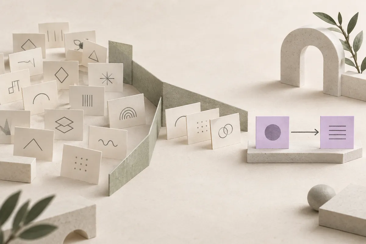Pale memory cards narrow into a small shortlist, with two lavender cards connected by a single arrow.