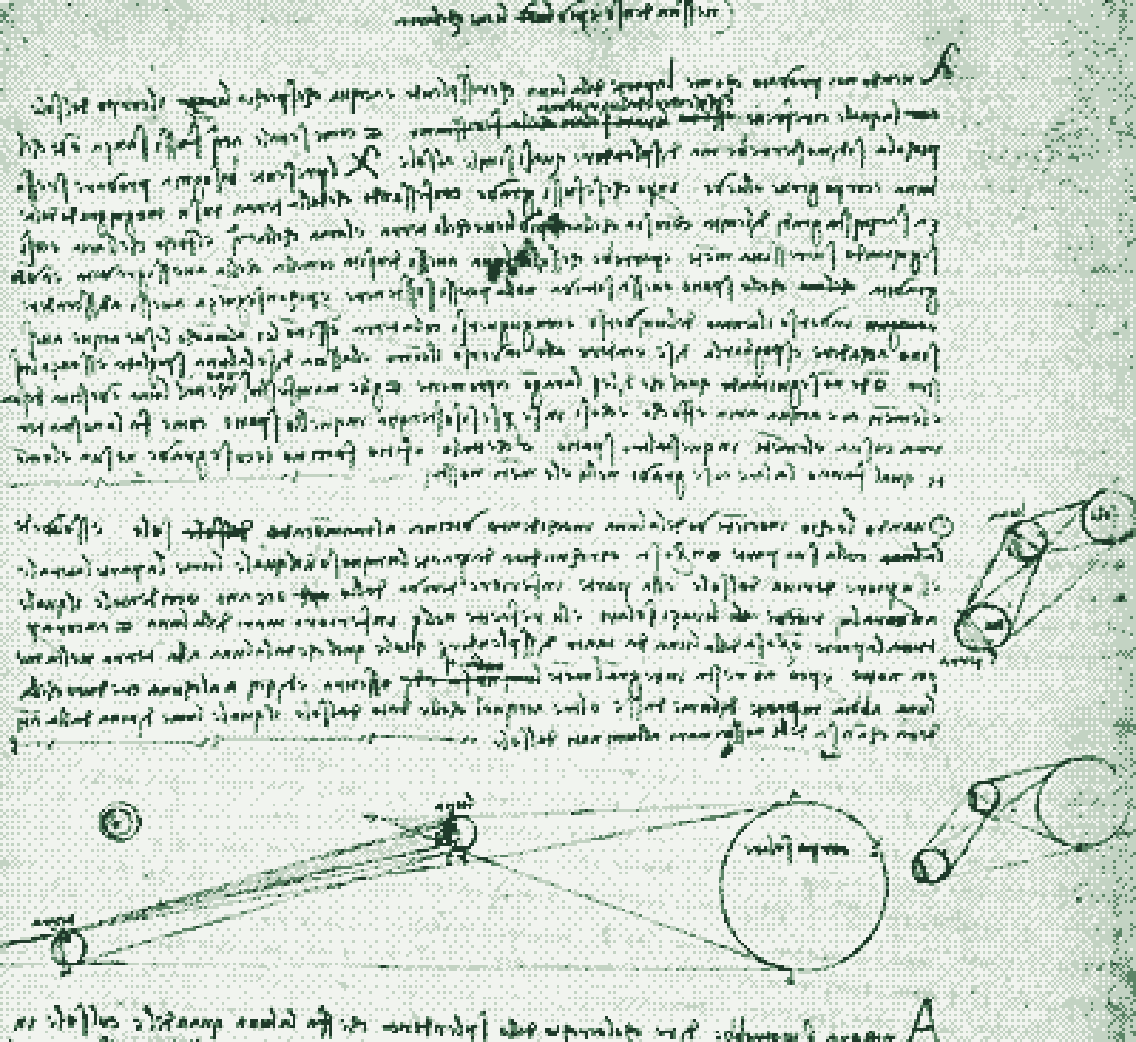 A page of Leonardo da Vinci’s notebook, handwriting and diagrams, in green dots.