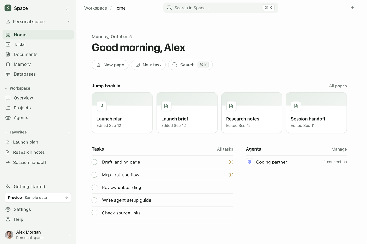 Space app Home with a greeting, recent pages, tasks, and a connected agent, using sample data.